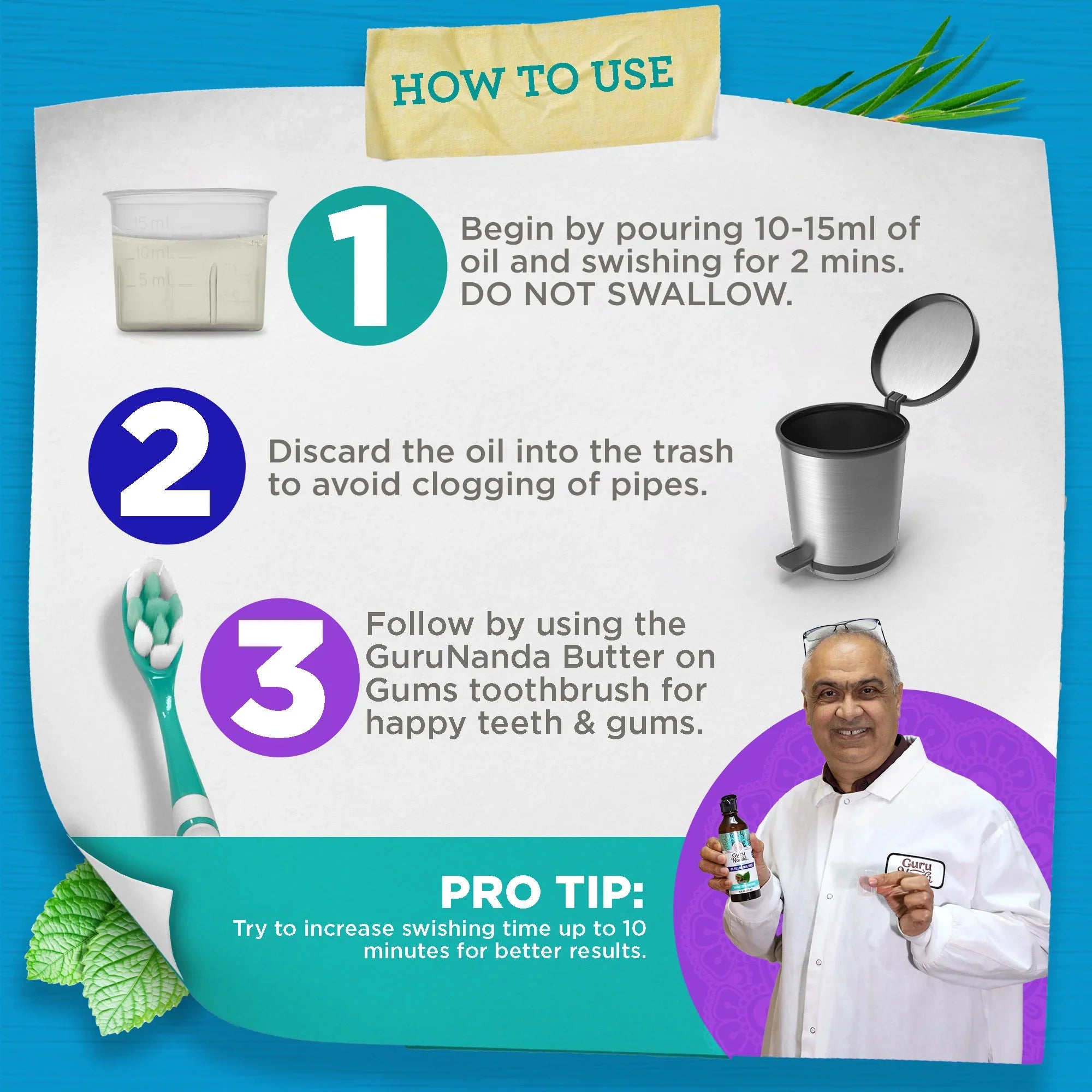 Instructions on how to use a dental product with a doctor holding the product.