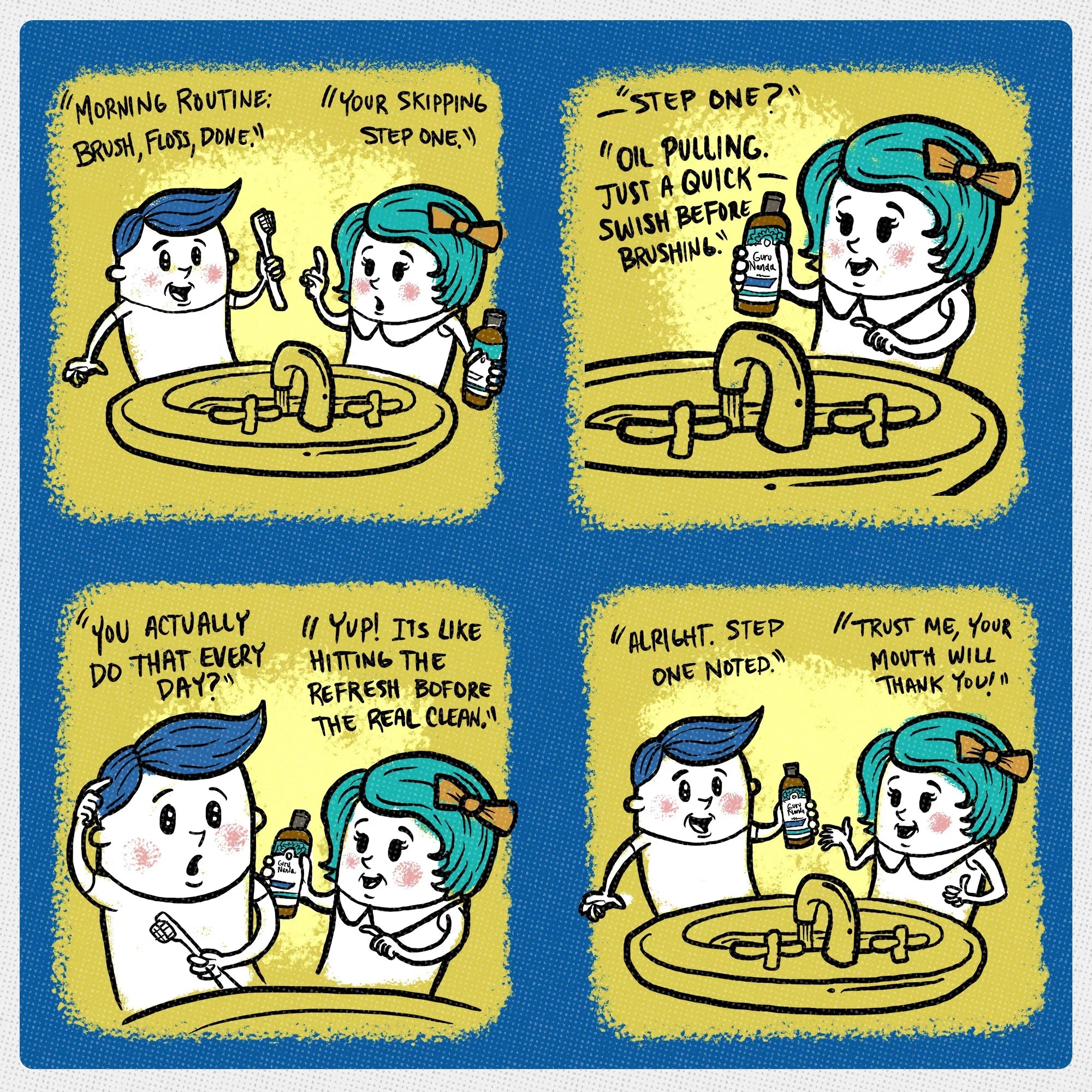 Cartoon characters with blue hair and green hair engaging in a dental hygiene routine.