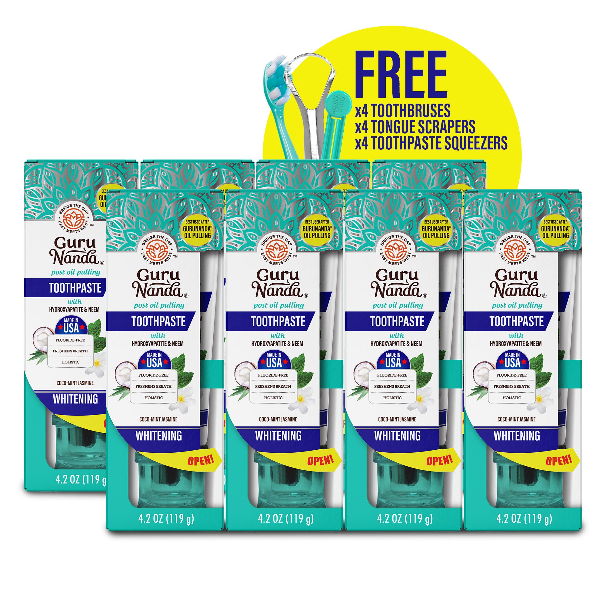 Packaging of Guru Nanda toothpaste with freebie offer on a white background