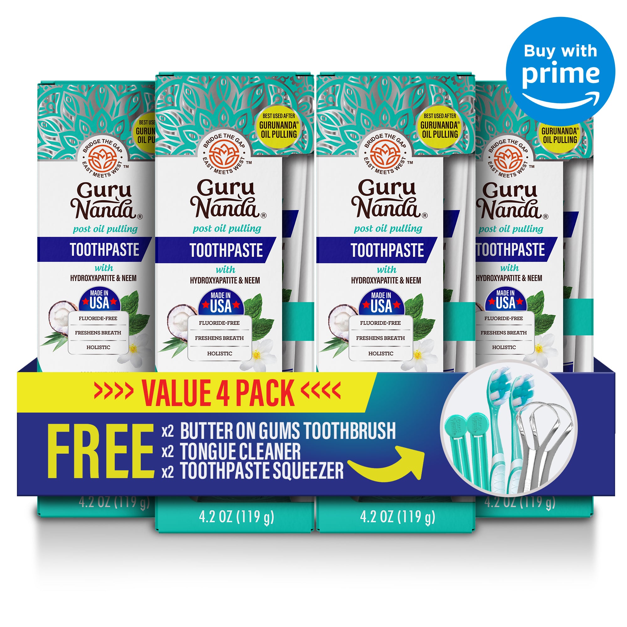 Guru Nanda toothpaste value pack with free toothbrush and cleaner on a white background
