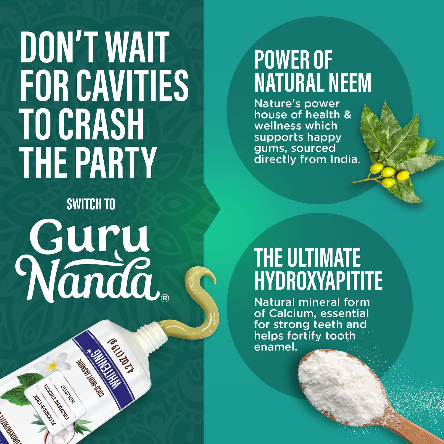 Advertisement for Guru Nanda toothpaste with text about dental health and product features.