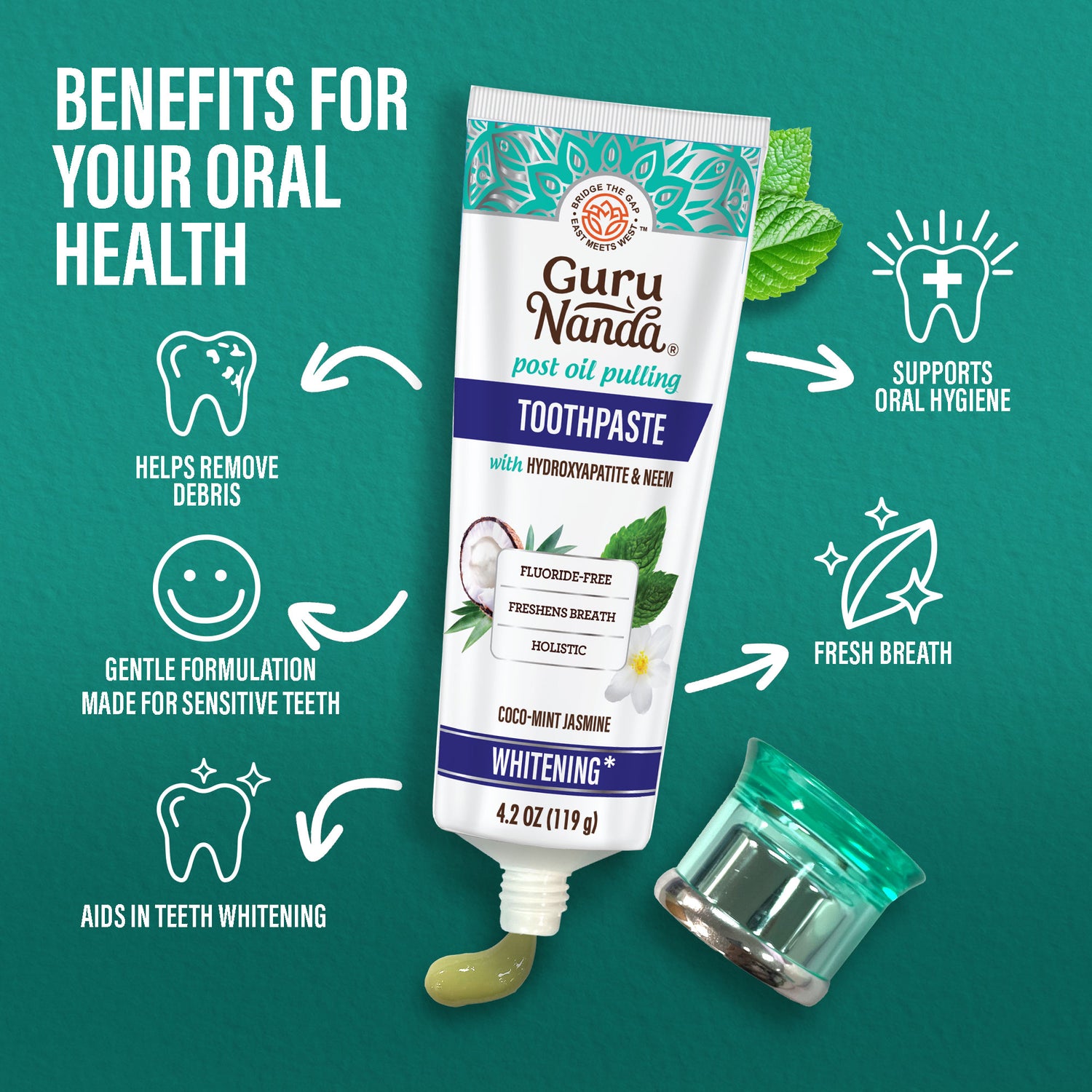 Guru Nanda toothpaste tube with benefits listed on a green background