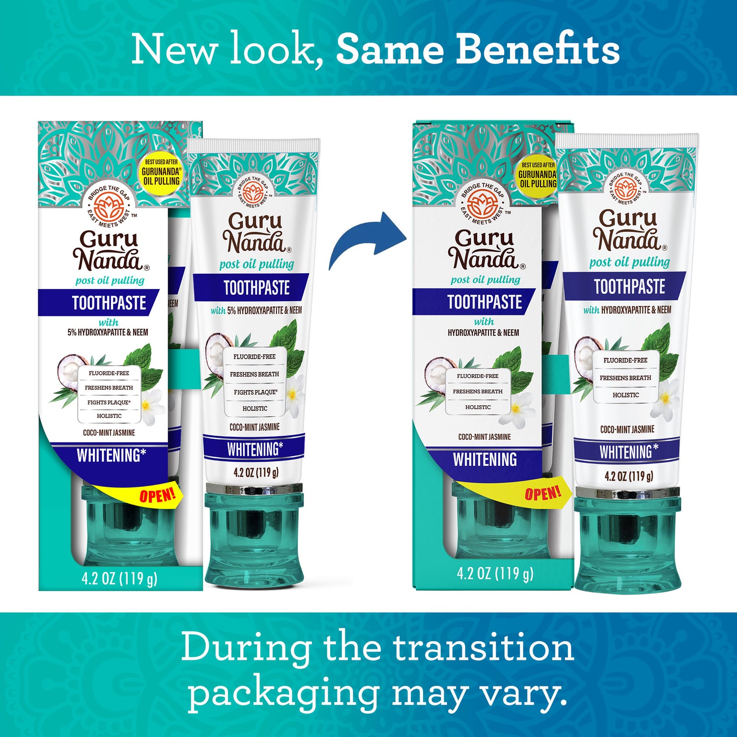 Guru Nanda toothpaste packaging with text indicating a new look and same benefits.