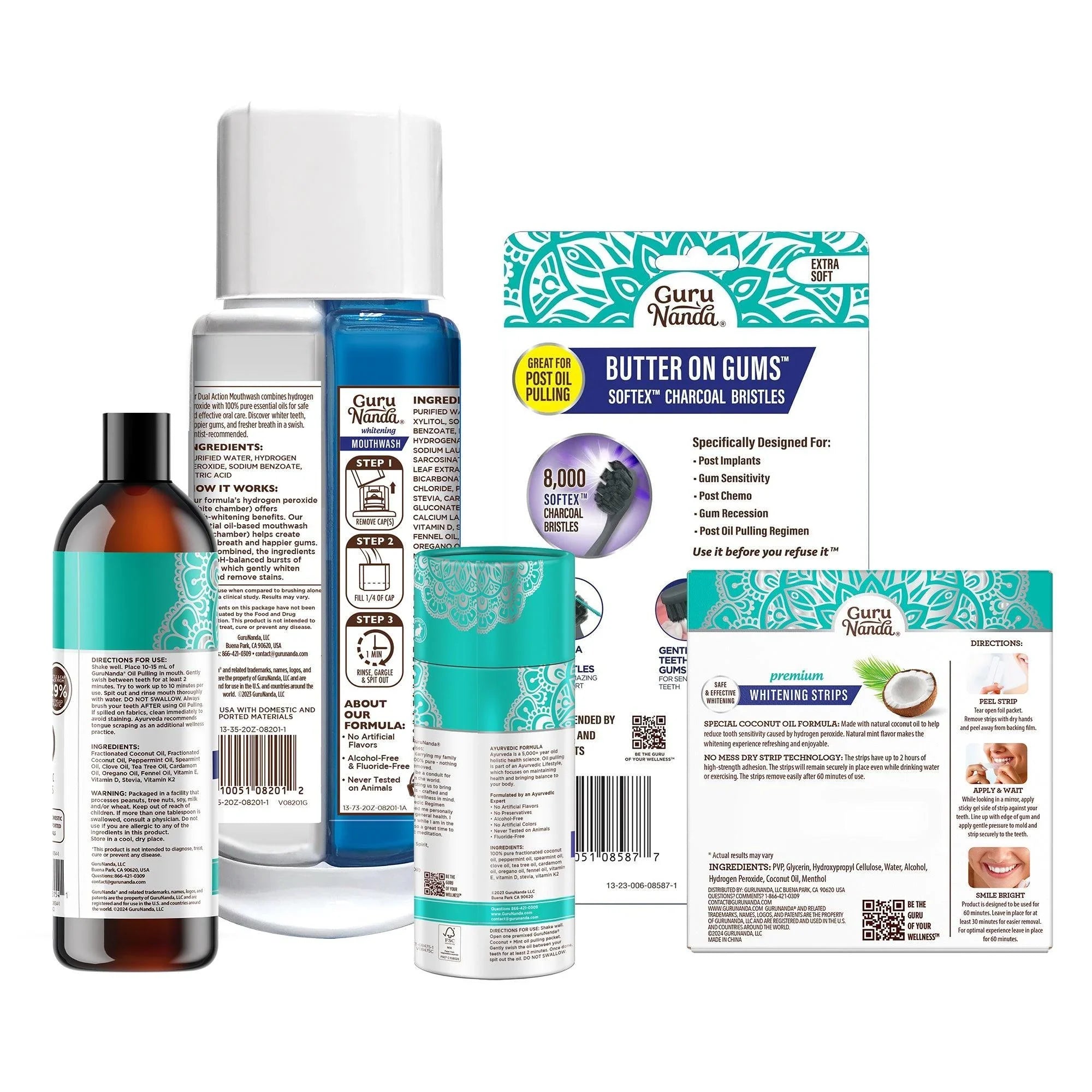 Kit de relooking complet du sourire au charbon : huile de coco à la menthe (227 ml) + bain de bouche à double action + bandes blanchissantes + 6 brosses à dents au beurre pour les gencives + 7 sachets de voyage pour l&