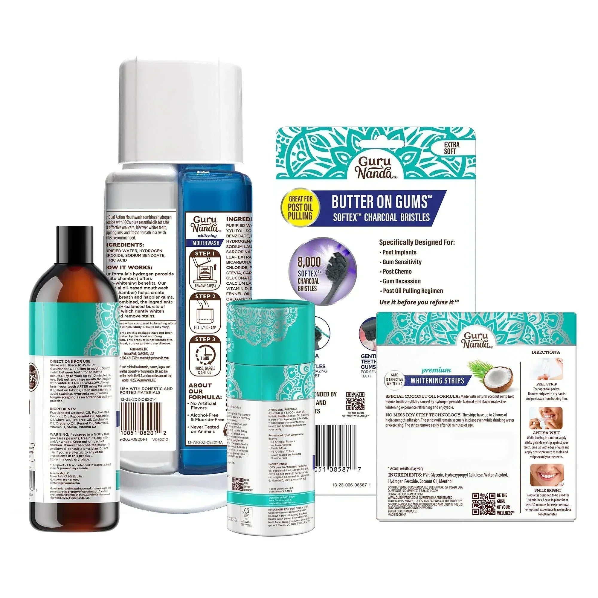 Kit de carbón para una sonrisa radiante: aceite de coco de 226 ml para enjuague bucal + enjuague bucal de doble acción + tiras blanqueadoras + paquete de 6 cepillos de dientes Butter on Gums + 7 sobres de viaje para enjuague bucal con aceite