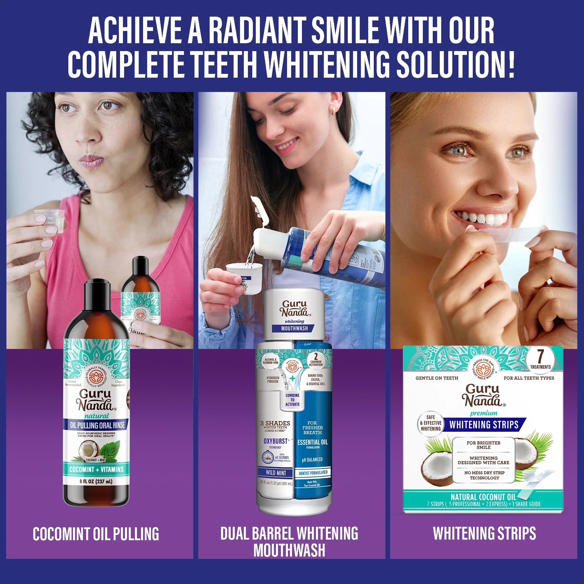 Kit de relooking complet du sourire au charbon : huile de coco à la menthe (227 ml) + bain de bouche à double action + bandes blanchissantes + 6 brosses à dents au beurre pour les gencives + 7 sachets de voyage pour l&