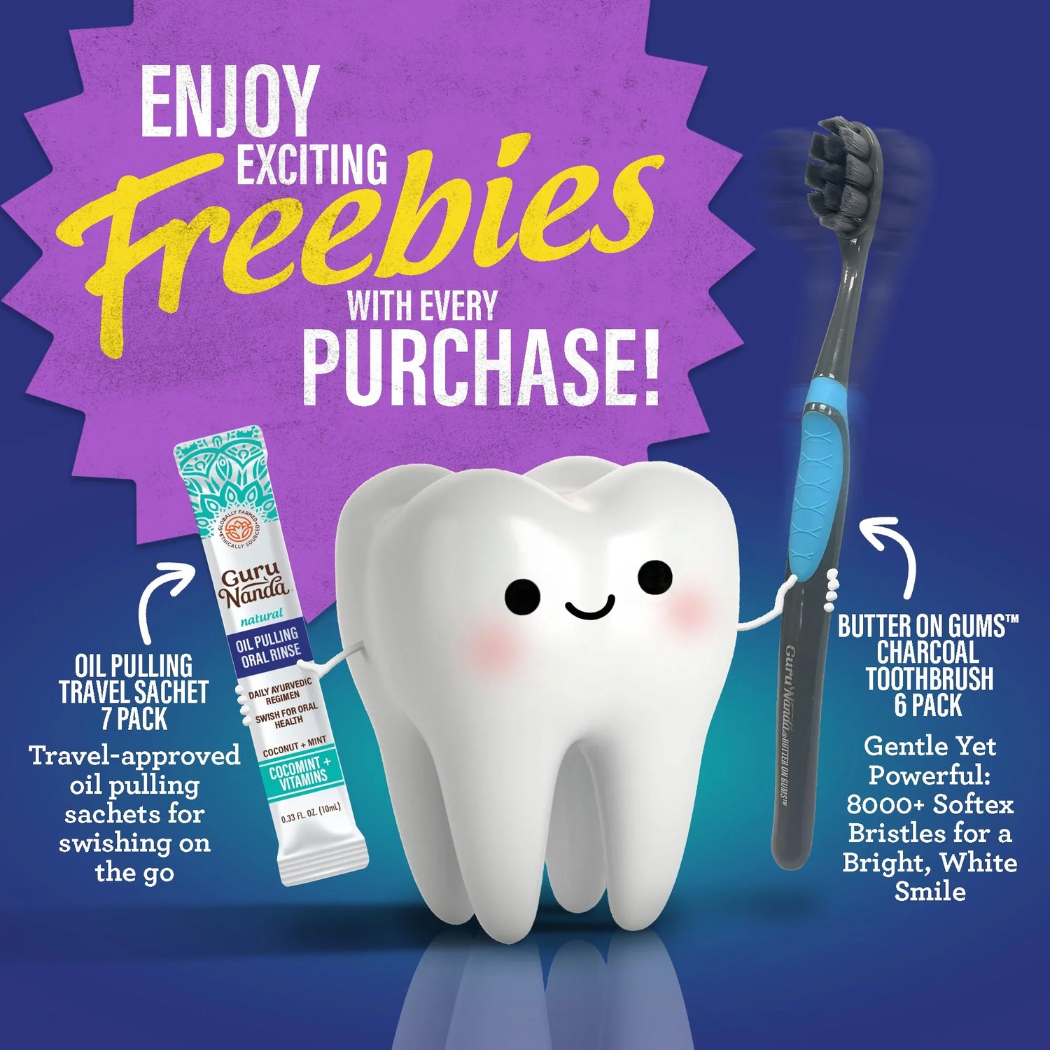 Total Smile Makeover Charcoal Kit - 8oz Cocomint Pulling Oil + Dual Barrel Mouthwash + Whitening Strips + 6 Pack Butter on Gums Toothbrush + 7 Oil Pulling Travel Sachets