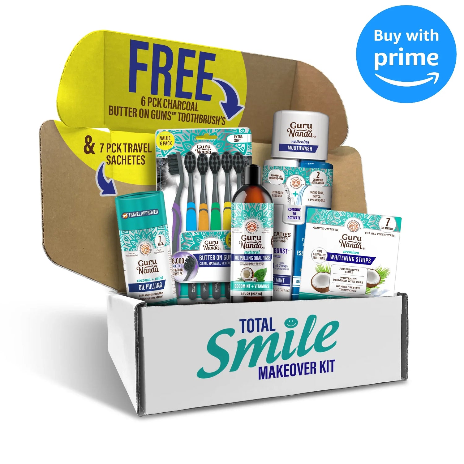 Total Smile Makeover Charcoal Kit - 8oz Cocomint Pulling Oil + Dual Barrel Mouthwash + Whitening Strips + 6 Pack Butter on Gums Toothbrush + 7 Oil Pulling Travel Sachets