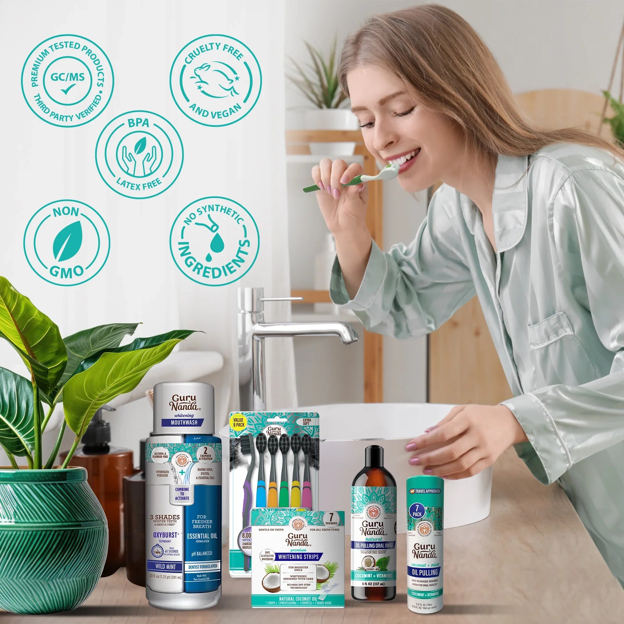 Kit de relooking complet du sourire au charbon : huile de coco à la menthe (227 ml) + bain de bouche à double action + bandes blanchissantes + 6 brosses à dents au beurre pour les gencives + 7 sachets de voyage pour l&