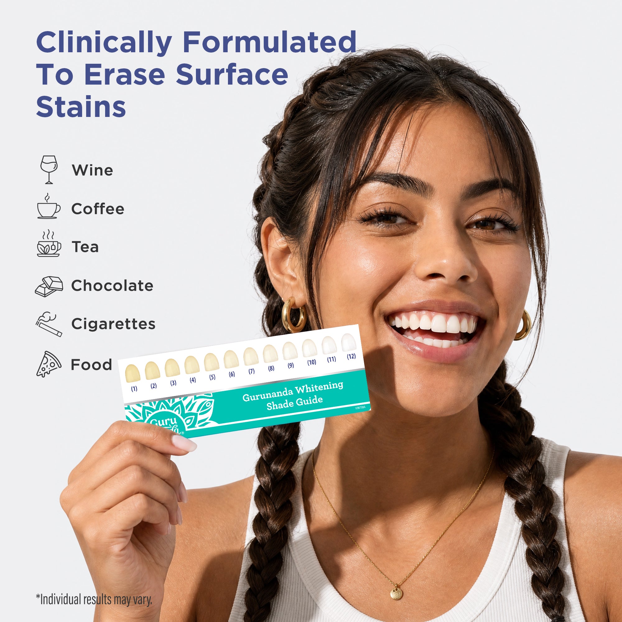GuruNanda Whitening Strips clinically formulated shade guide held by a smiling model, showing stain removal from wine, coffee, tea, chocolate, and more