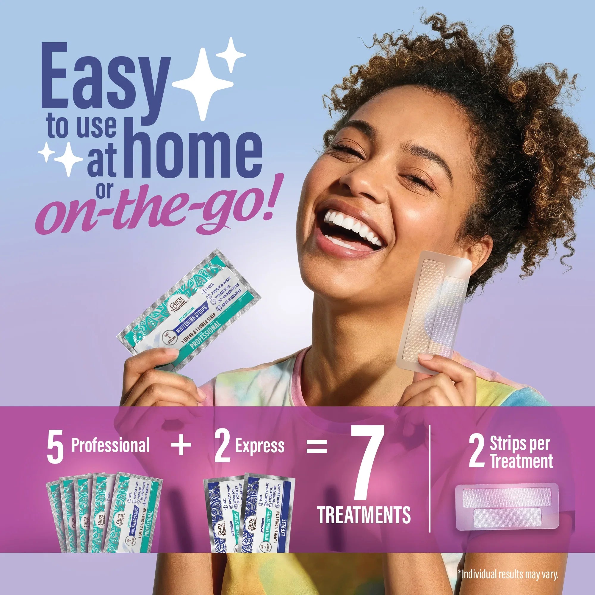 GuruNanda Whitening Strips easy to use at home or on-the-go, with 5 professional and 2 express treatments totaling 7 treatments, 2 strips per treatment