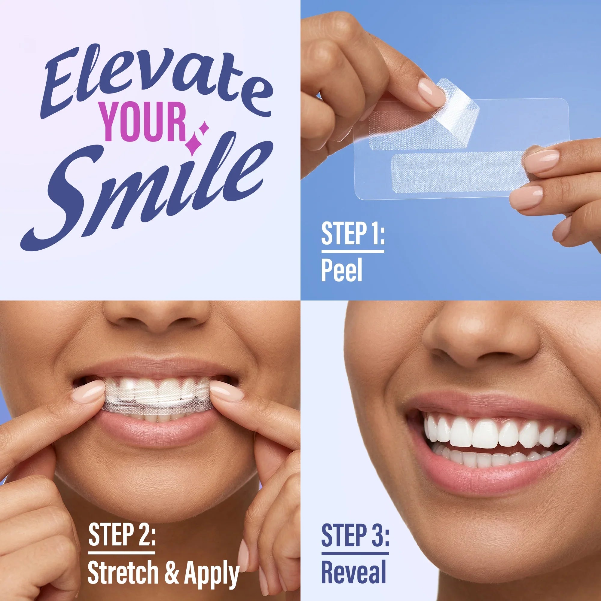 GuruNanda Whitening Strips 3-step application guide: peel, stretch and apply, then reveal a brighter smile