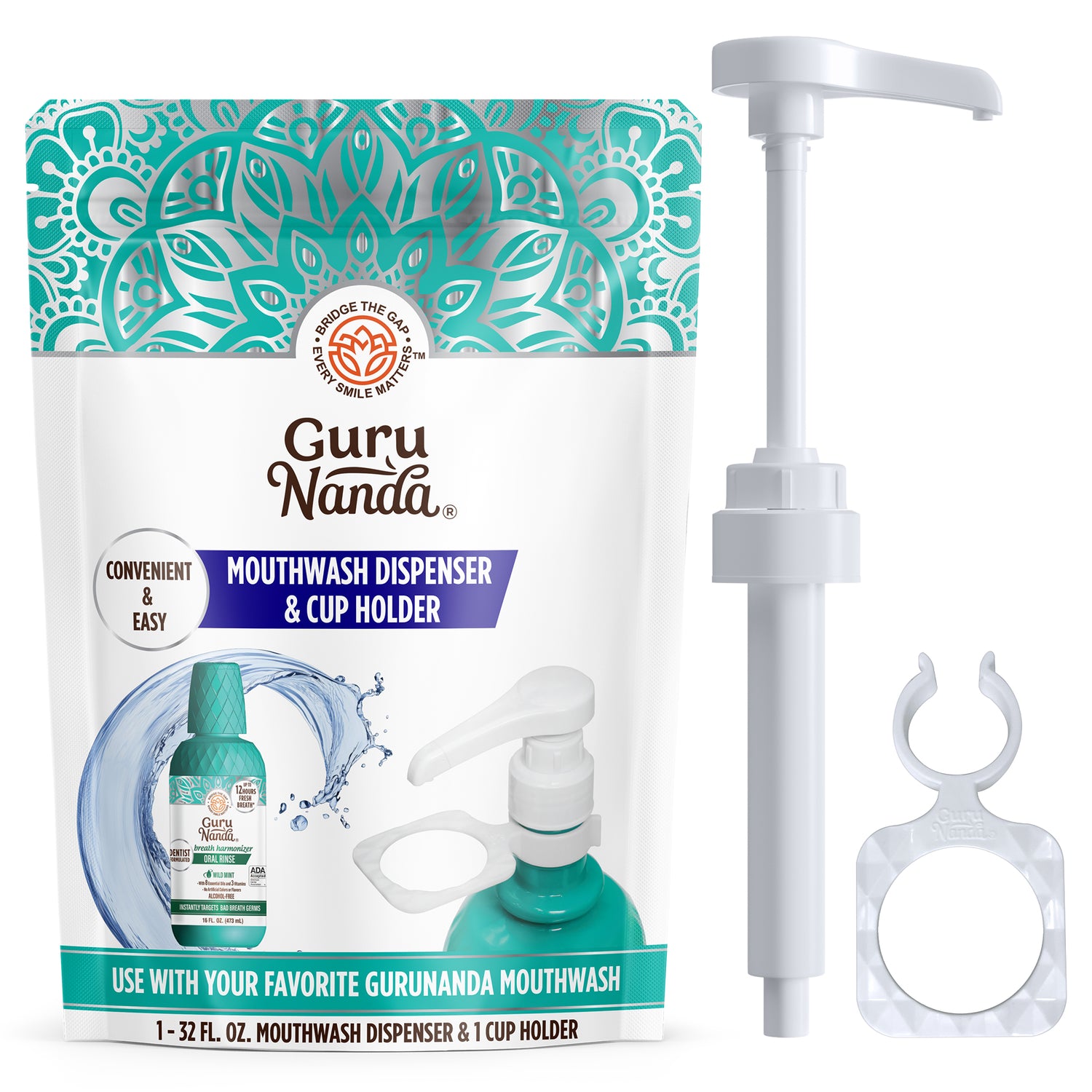 Mouthwash Dispenser Pump and Cup Holder for 16oz & 1L