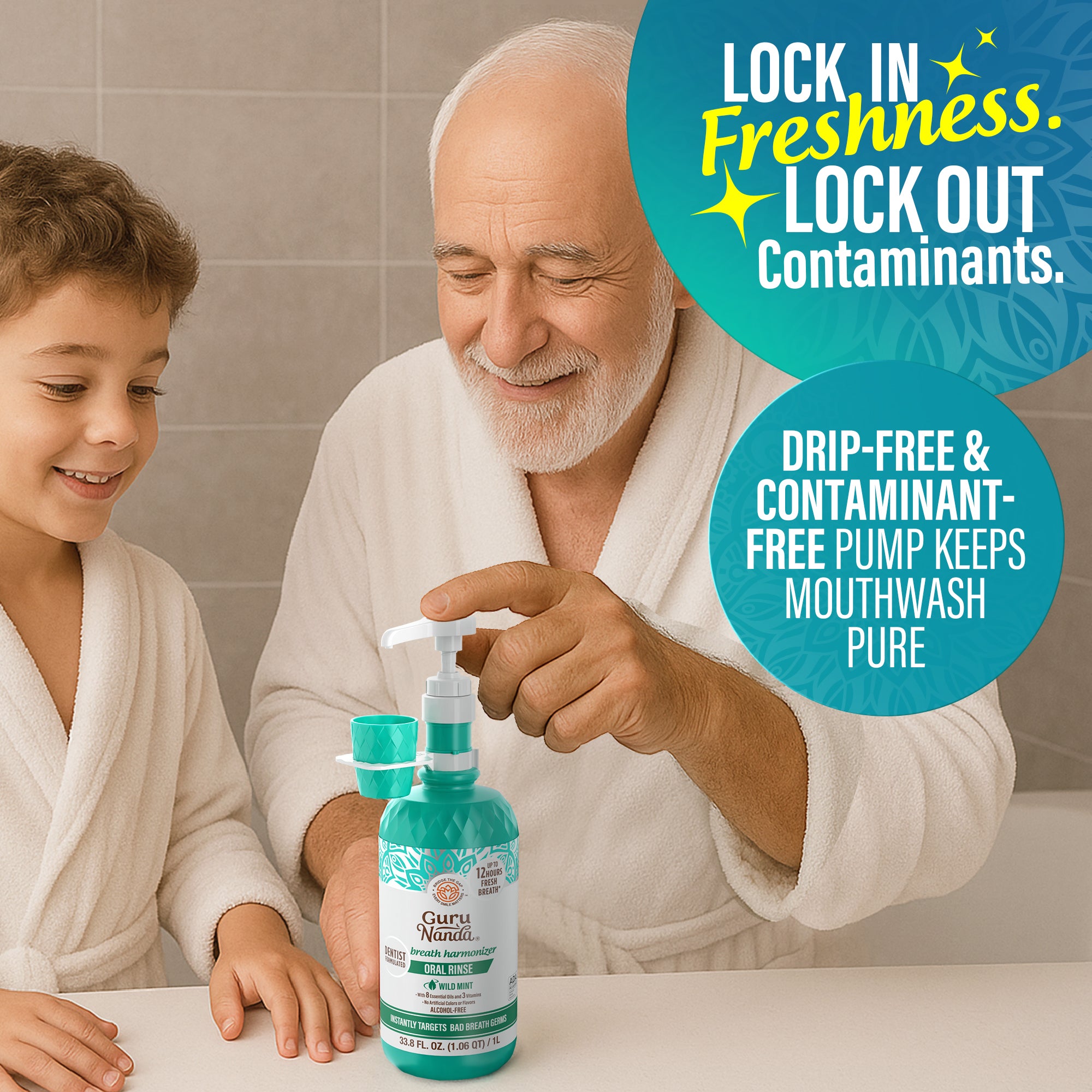 Mouthwash Dispenser Pump and Cup Holder for 16oz & 1L