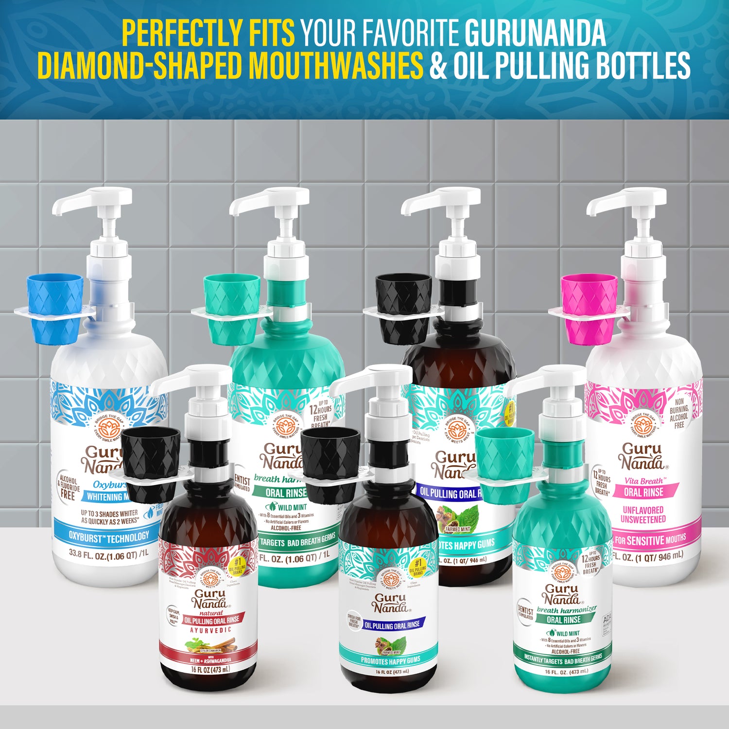 Mouthwash Dispenser Pump and Cup Holder for 16oz & 1L