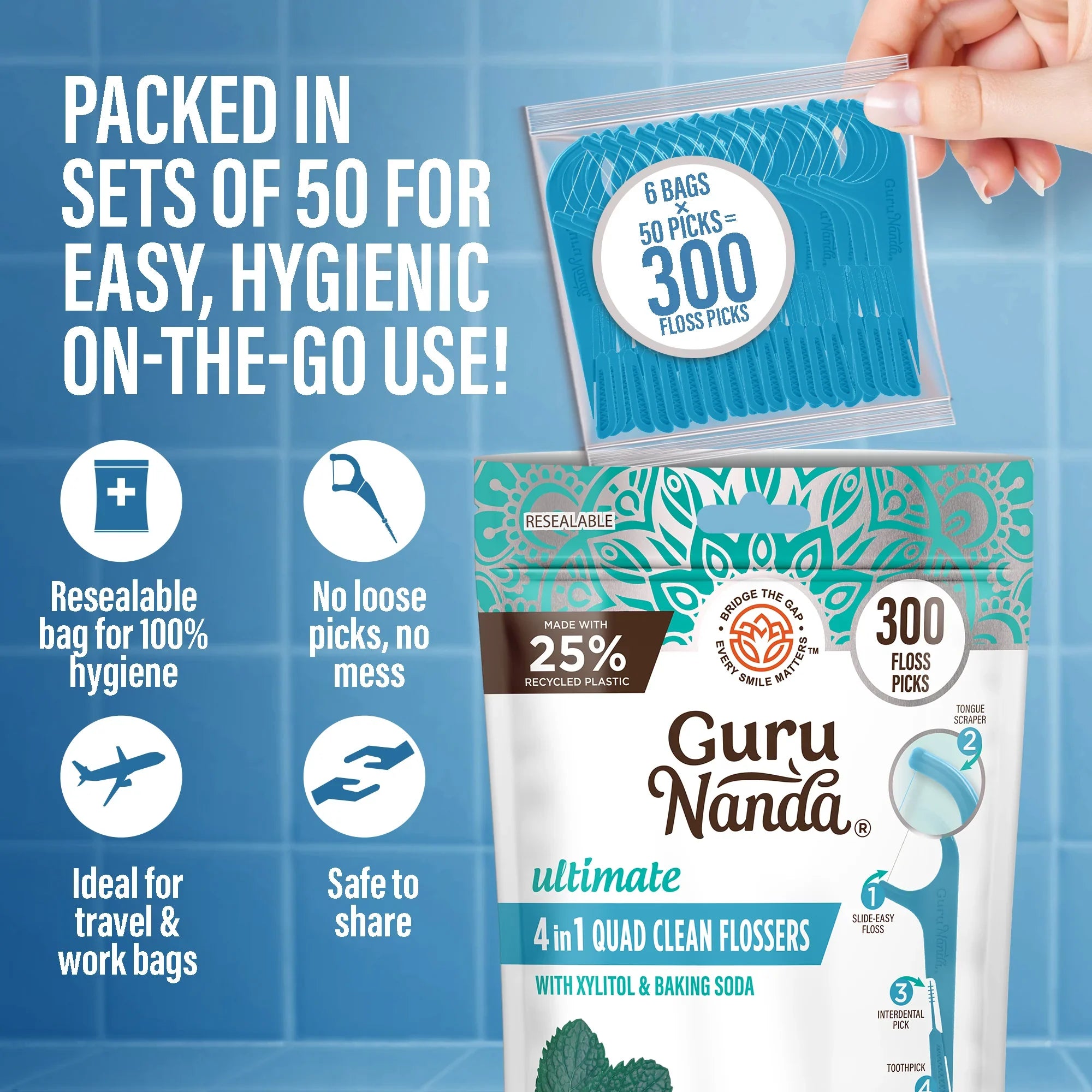 Quad Clean Floss Picks 4-in-1 - 300 ct