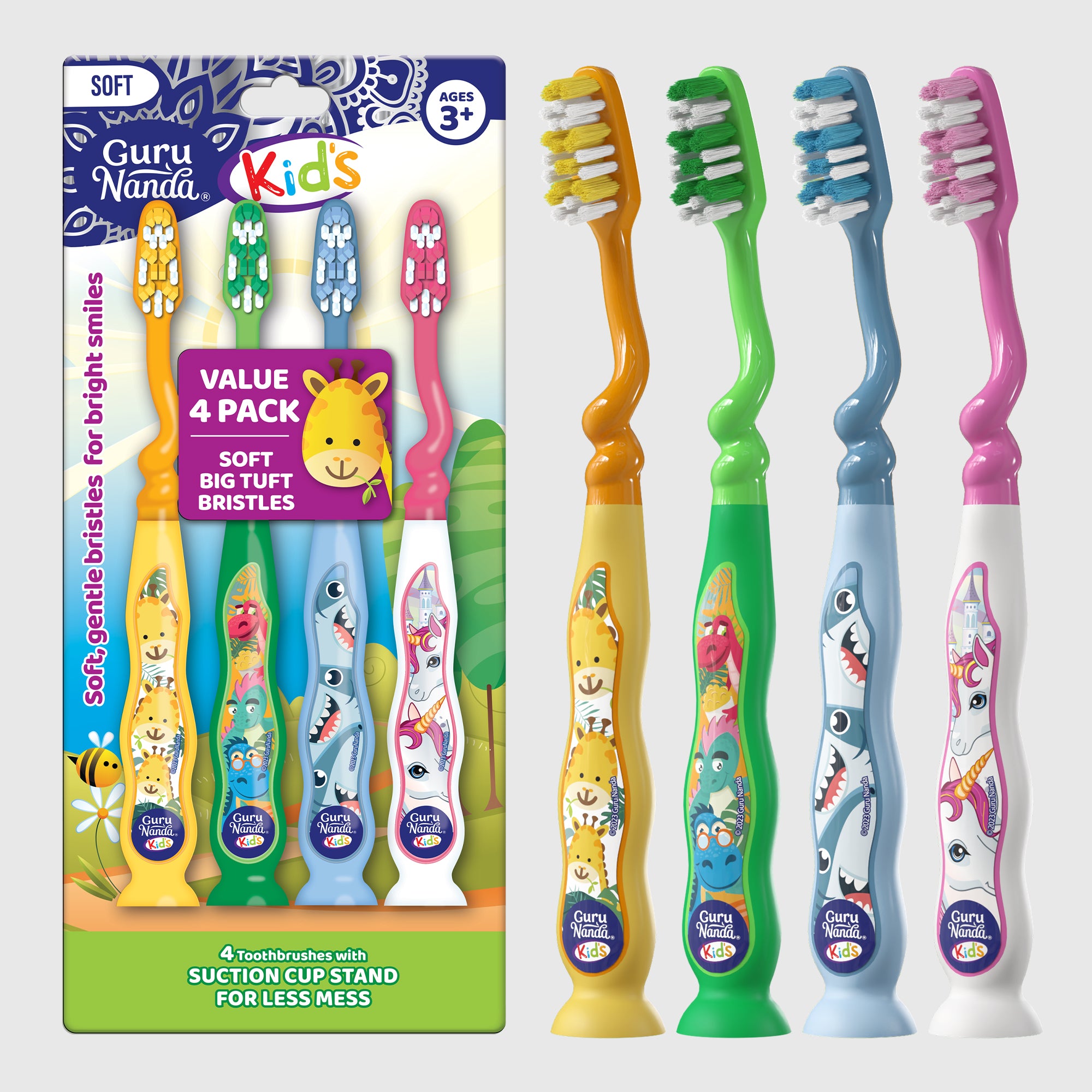 Cepillo de dientes infantil divertido con animales y ventosa – Paquete de 4