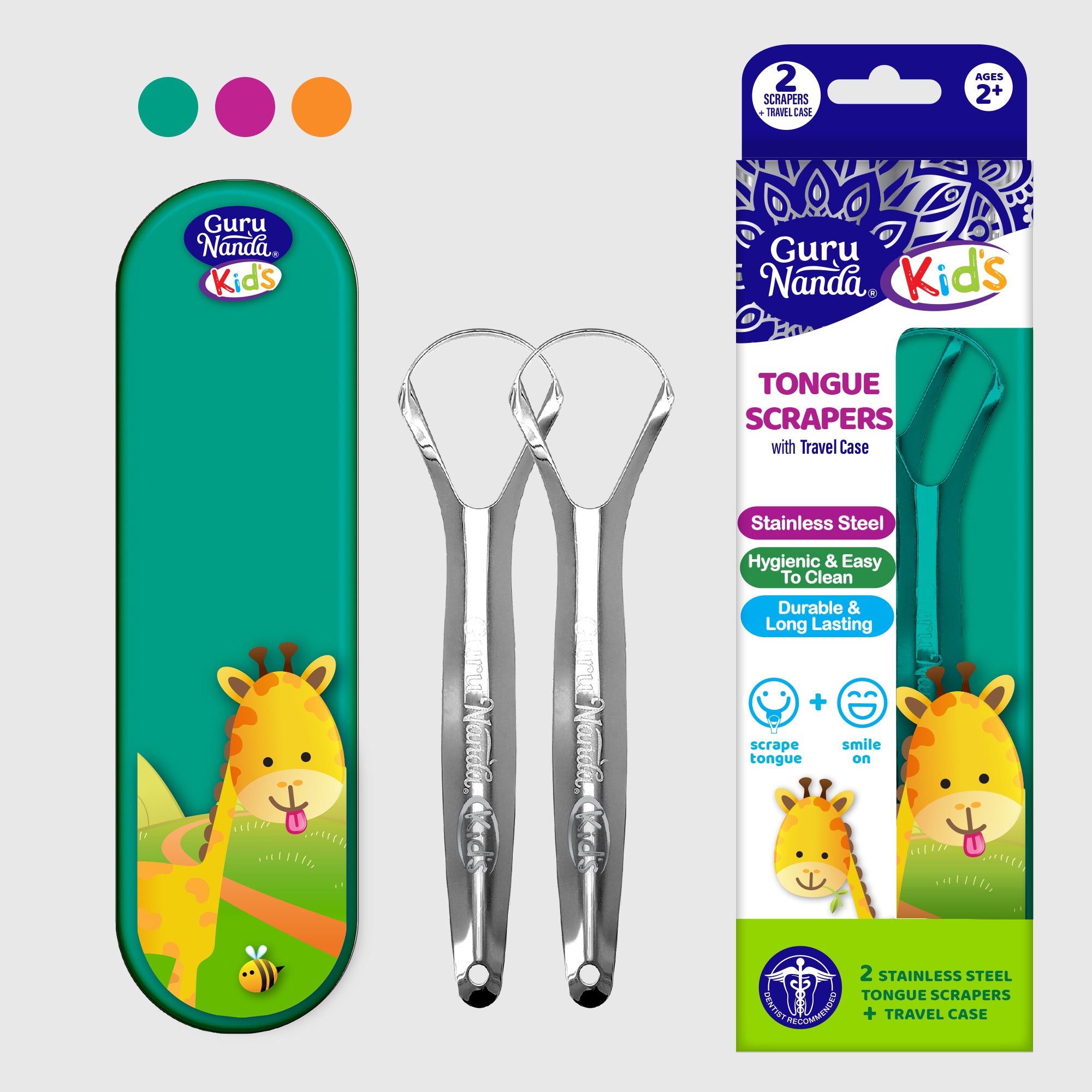 Gratte-langue pour enfants (lot de 2) avec étui de transport (la couleur peut varier)