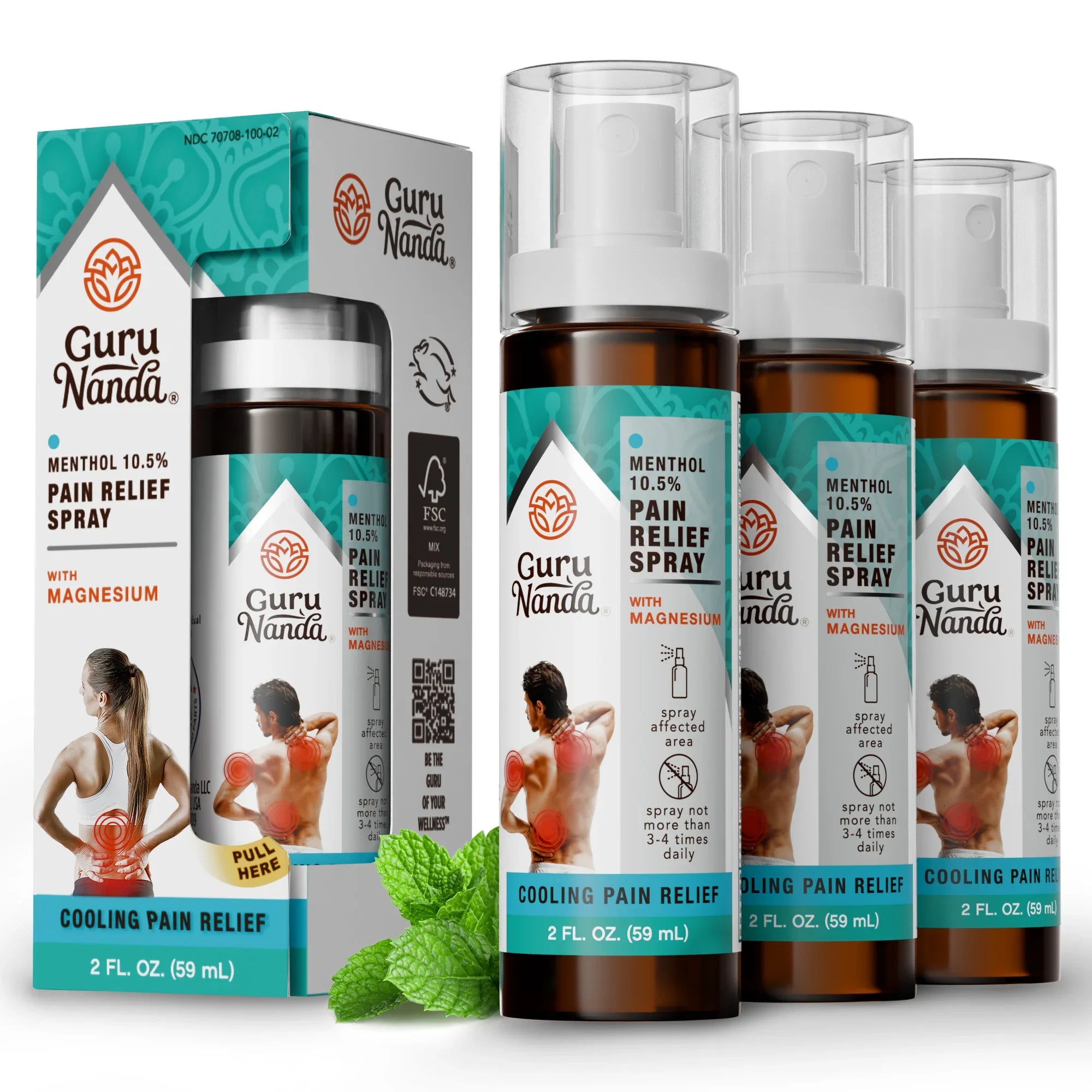 Spray GuruNanda au menthol et au magnésium pour soulager la douleur - Lot de 3