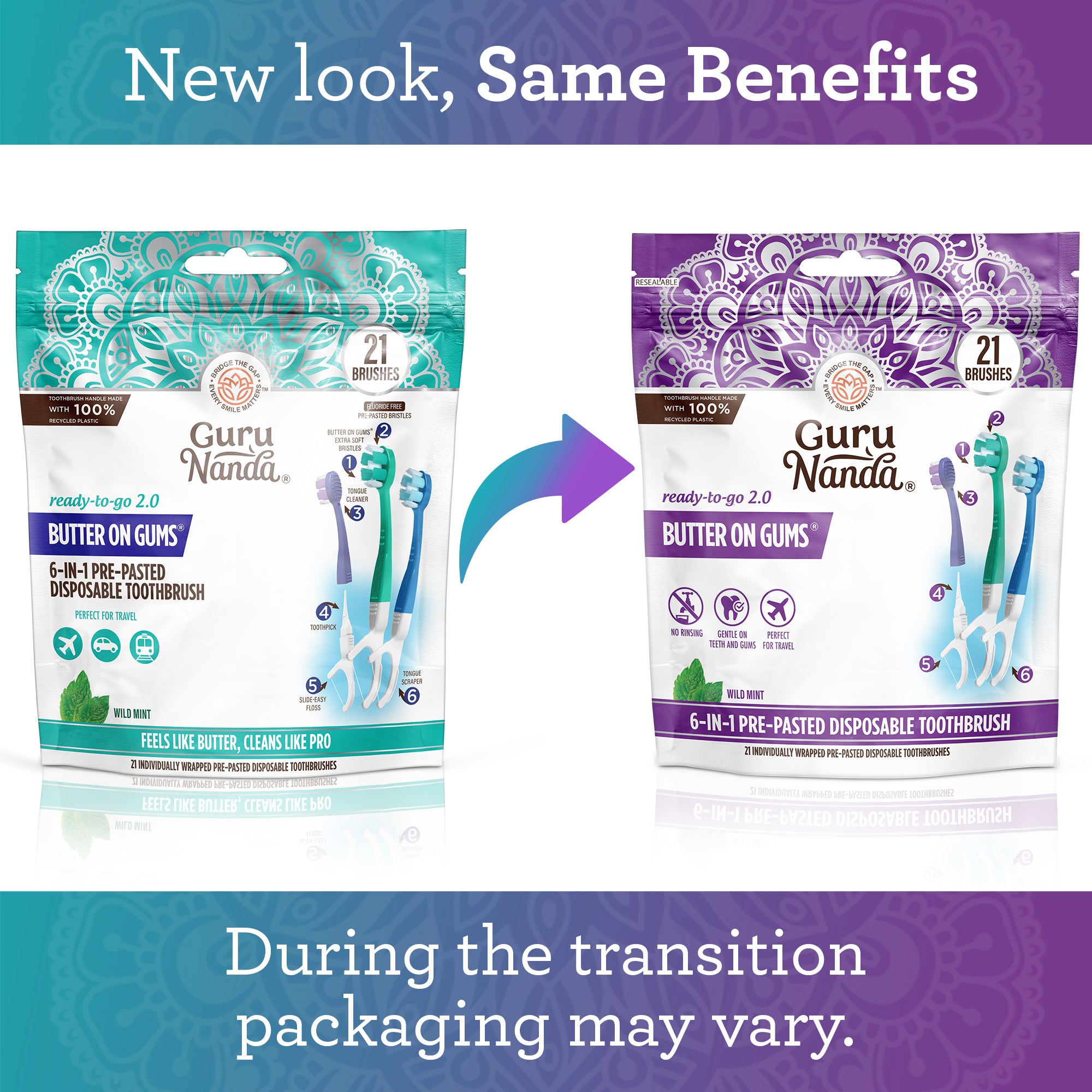 6-in-1 Ready to Go Butter on Gums Pre-Pasted Toothbrushes 2.0 – 21 Count