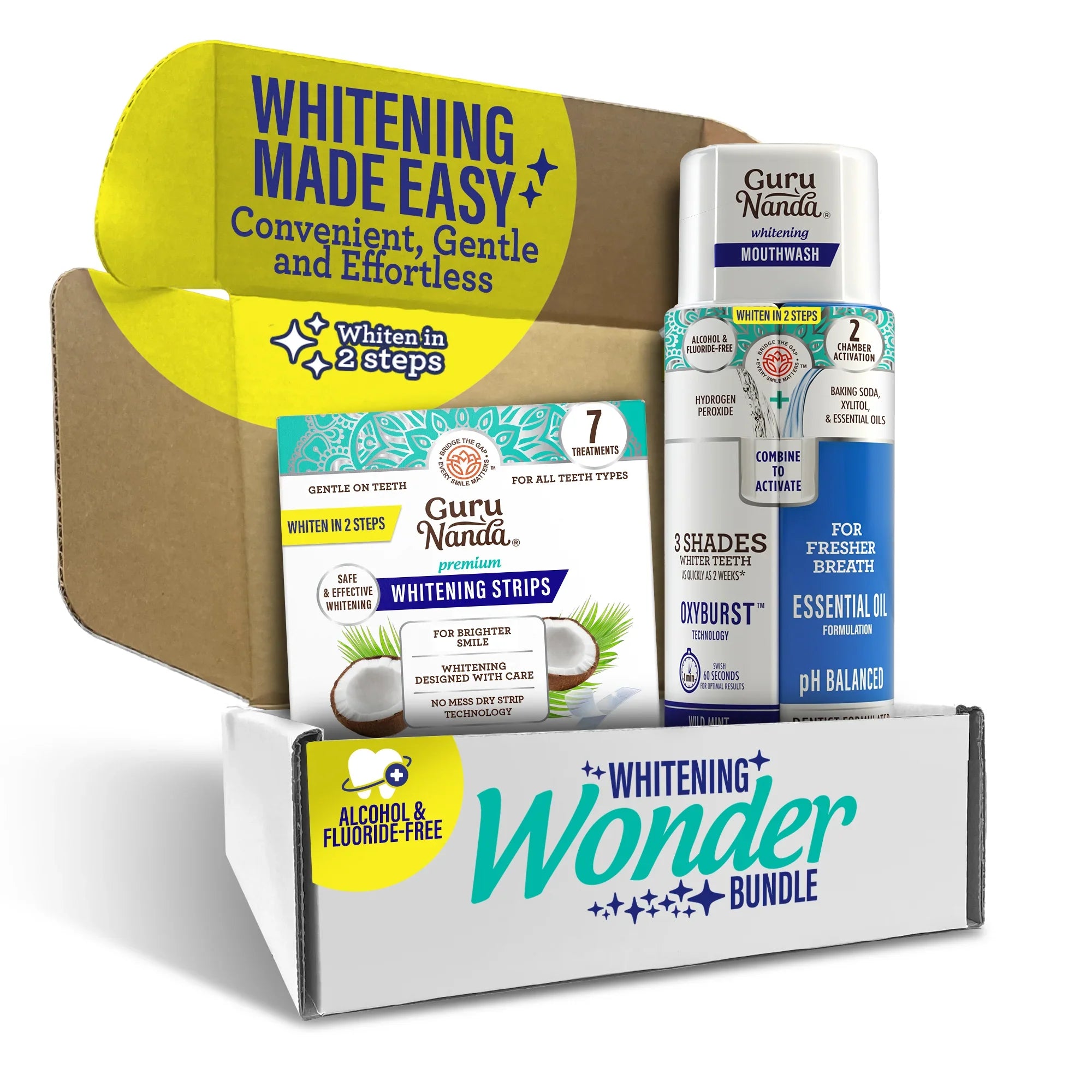 Guru Nanda Whitening Wonder Bundle with toothpaste, mouthwash, and strips on a white background