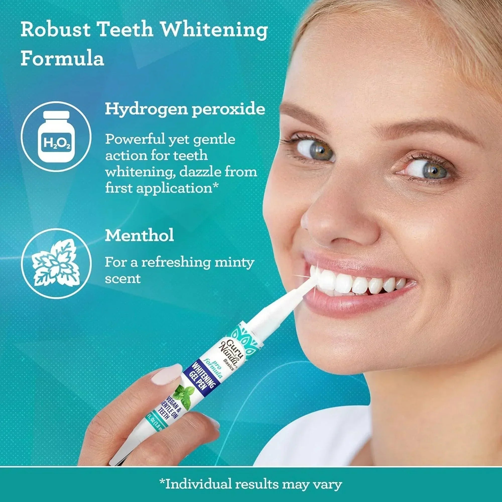 GuruNanda Whitening Gel Pen applied to teeth, formulated with hydrogen peroxide for whitening and menthol for long lasting, safe refreshing scent