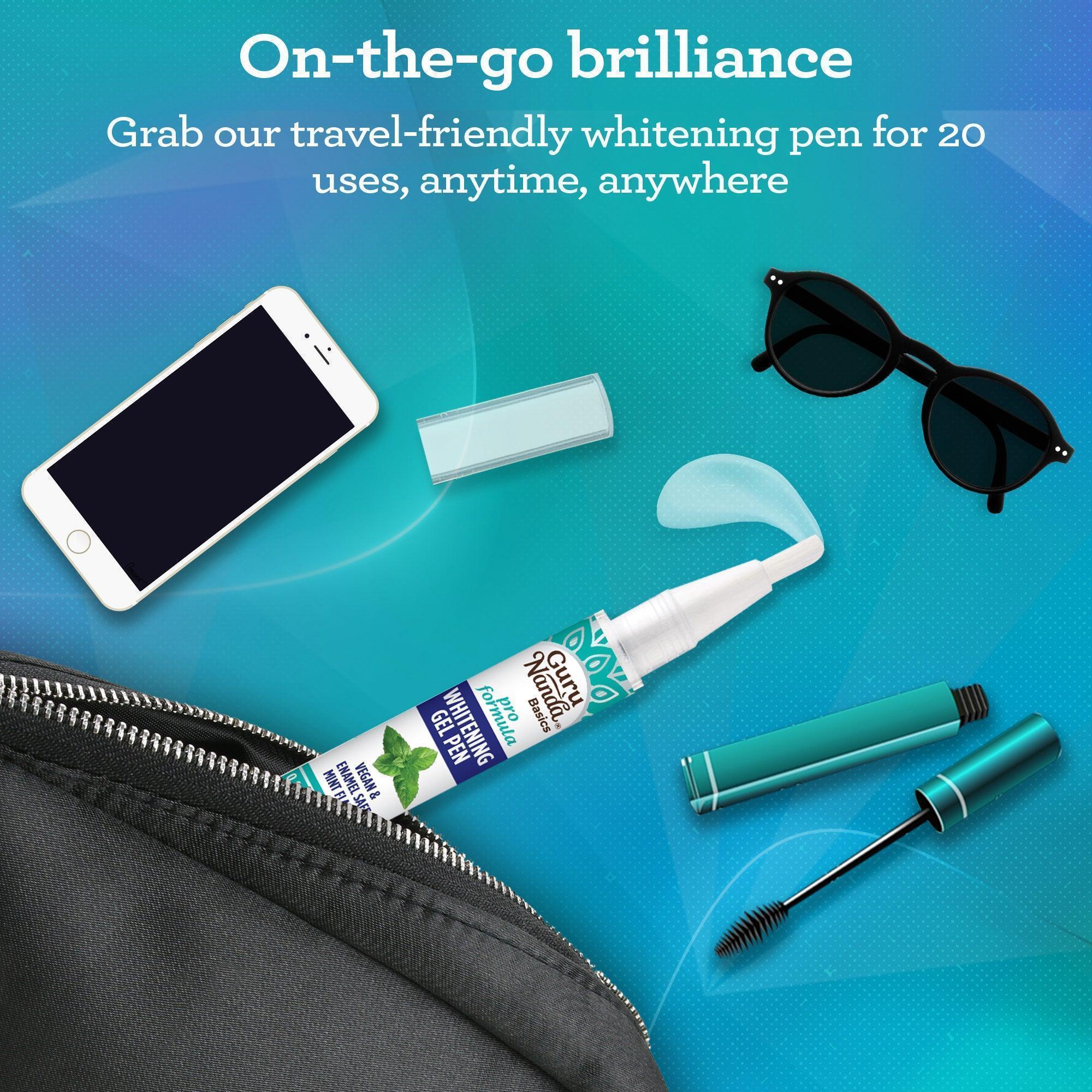 GuruNanda Whitening Gel Pen travel-friendly design shown in a bag alongside everyday essentials for whitening anywhere