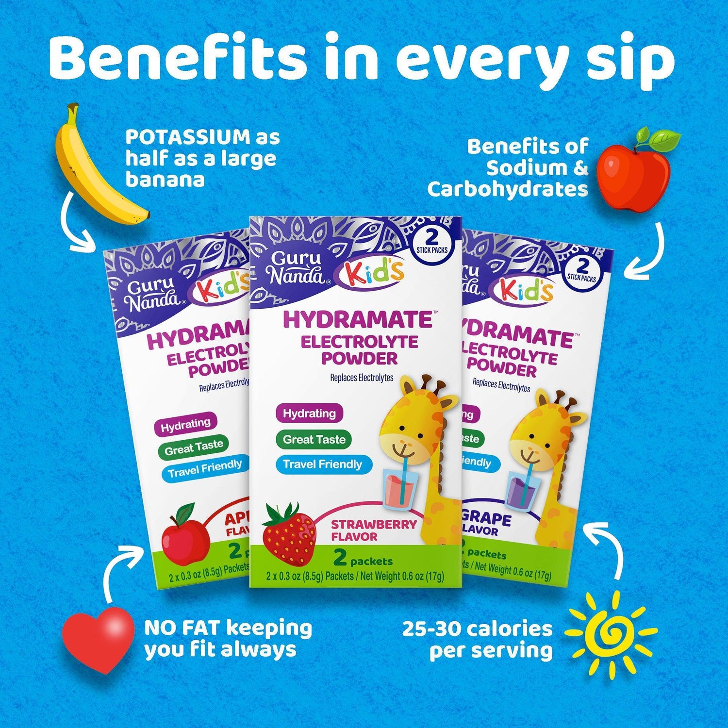 GuruNanda Kids Hydramate Hydration - Electrolyte Drink Mix - Various Flavor - 48 Count - GuruNanda