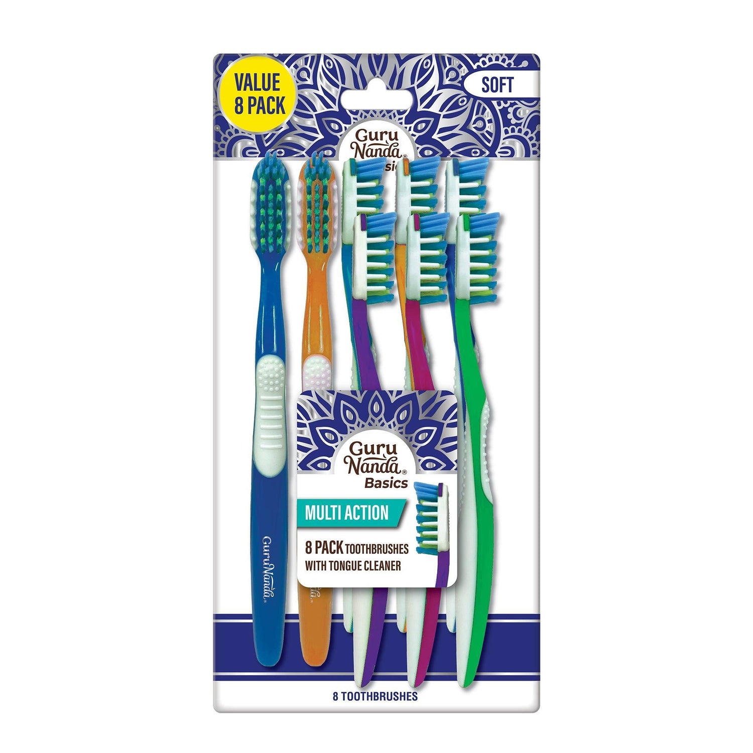 Multi-Action Toothbrush with Tongue Cleaner - Pack of 8 - GuruNanda