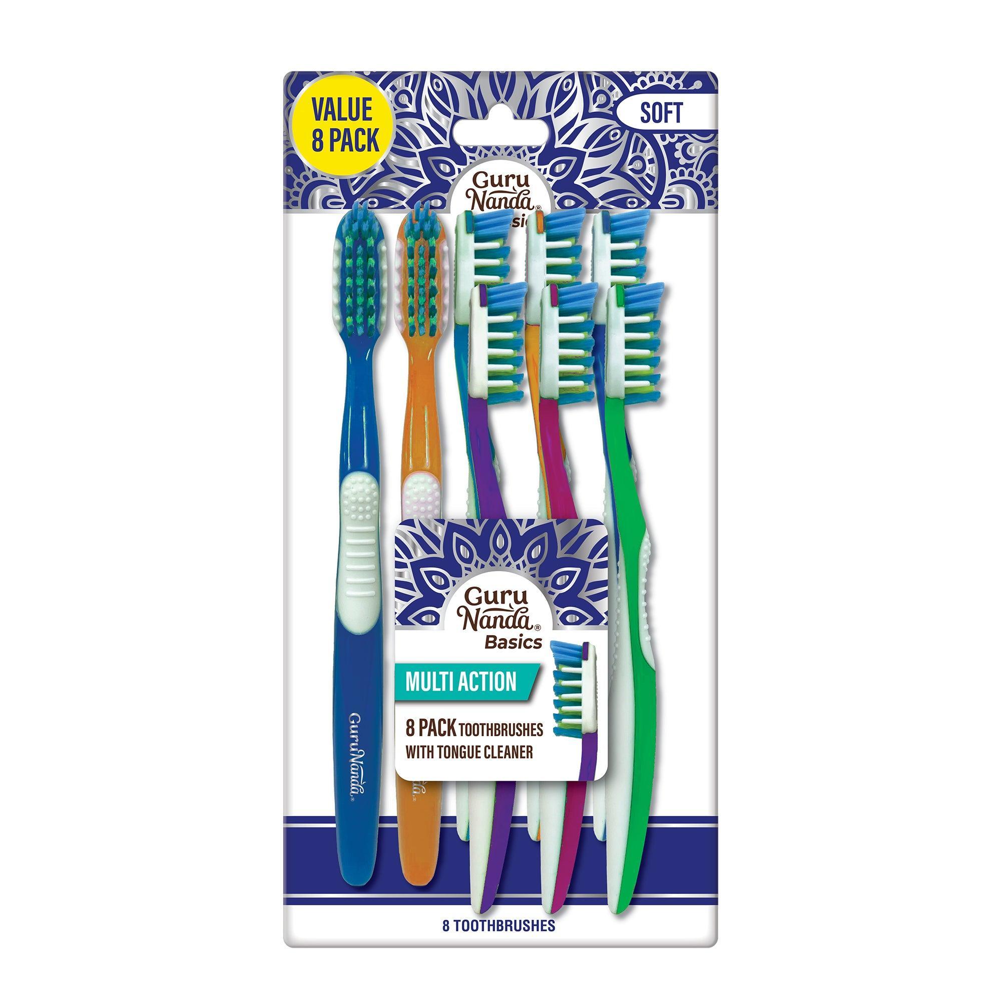 Multi-Action Toothbrush with Tongue Cleaner - Pack of 8 - GuruNanda