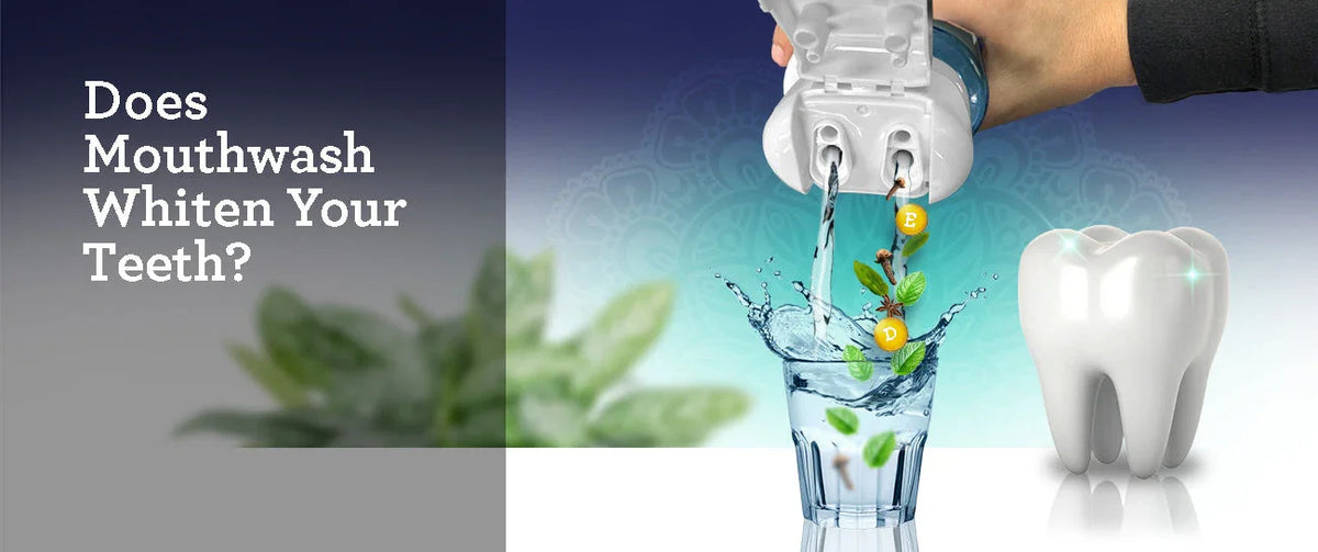 A dual-chamber bottle of GuruNanda mouthwash pouring mouthwash with mint leaves, cloves and vitamins into a glass, alongside a white tooth icon and the text "Does Mouthwash Whiten Your Teeth?"