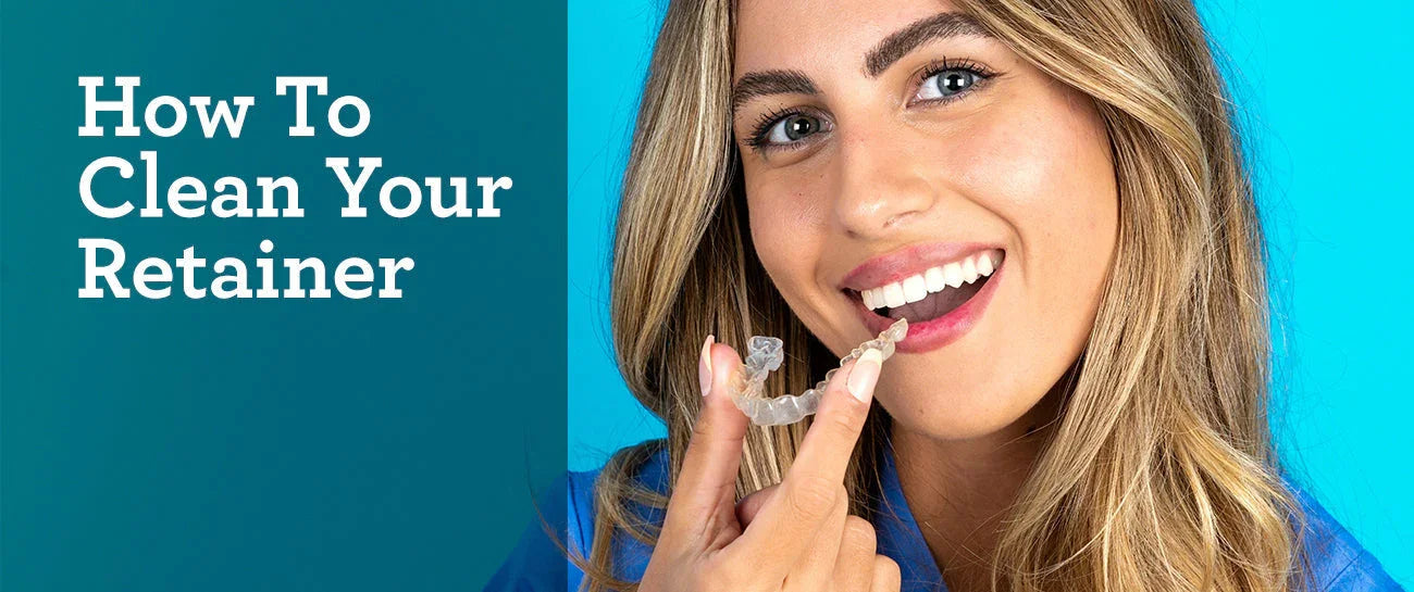 Smiling woman holding a clear retainer near her mouth next to a “How To Clean Your Retainer” text banner on a teal background.
