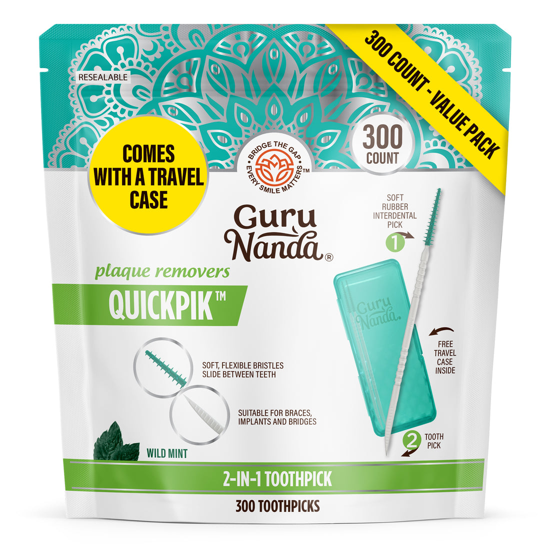 Palillo de dientes QuickPik 2 en 1 (300 unidades) con estuche