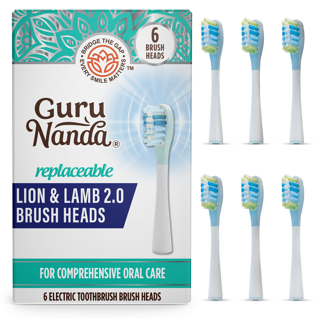 GuruNanda Lion &amp; Lamb 2.0 Replacement Brush Head (Pack of 6) - White