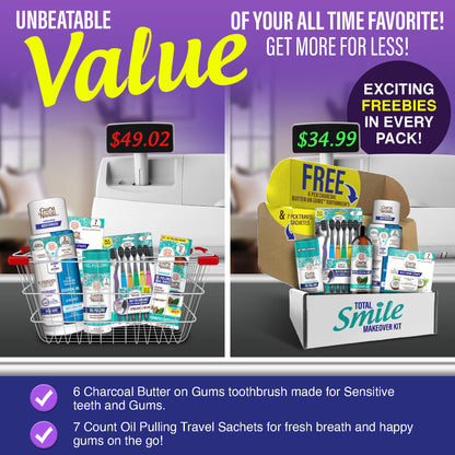 Total Smile Makeover Charcoal Kit - 8oz Cocomint Pulling Oil + Dual Barrel Mouthwash + Whitening Strips + 6 Pack Butter on Gums Toothbrush + 7 Oil Pulling Travel Sachets