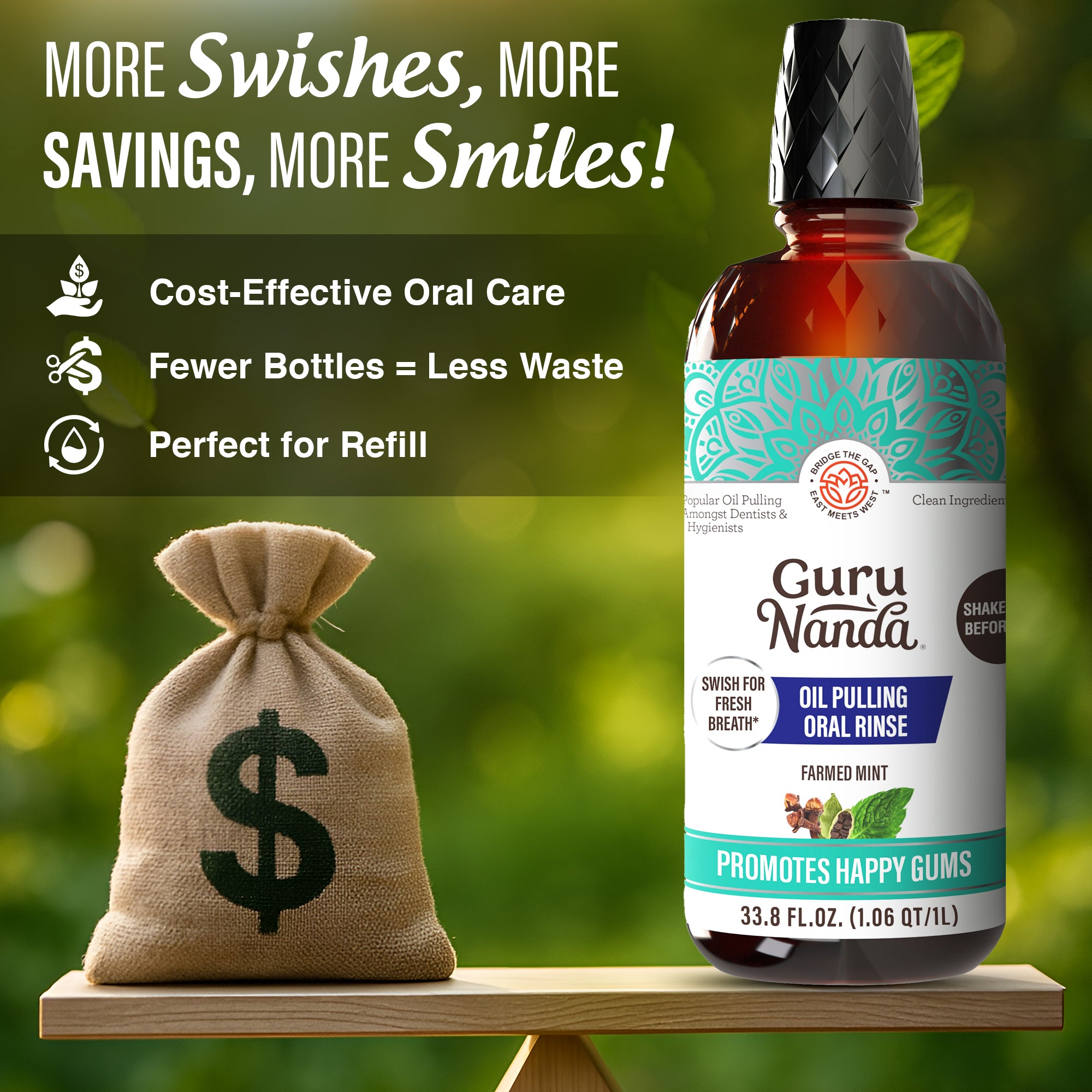Guru Nanda oil pulling oral rinse bottle with a money bag and promotional text on a blurred green background 