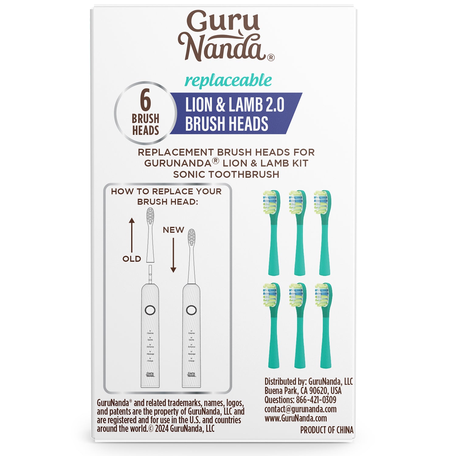 GuruNanda Lion &amp; Lamb 2.0 Replacement Brush Head (Pack of 6) - Teal