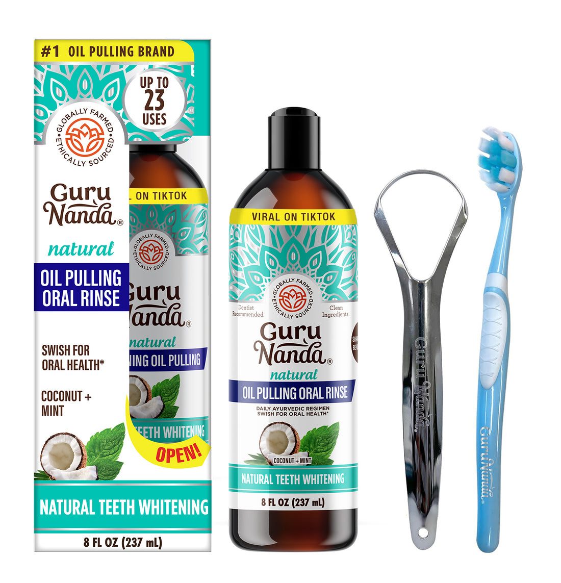 Total Smile Makeover Regular Kit - 8oz Cocomint Pulling Oil + Dual Barrel Mouthwash + Whitening Strips + 6 Pack Butter on Gums Toothbrush + 7 Oil Pulling Travel Sachets