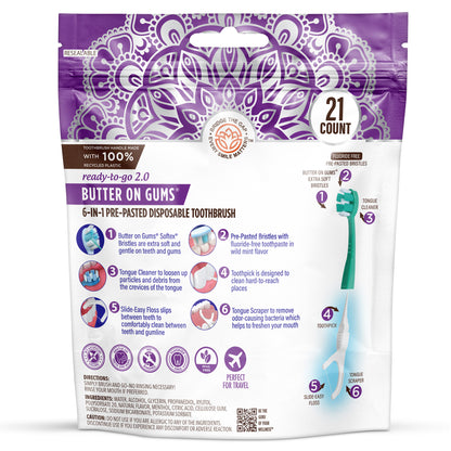 6-in-1 Ready to Go Butter on Gums Pre-Pasted Toothbrushes 2.0 – 21 Count