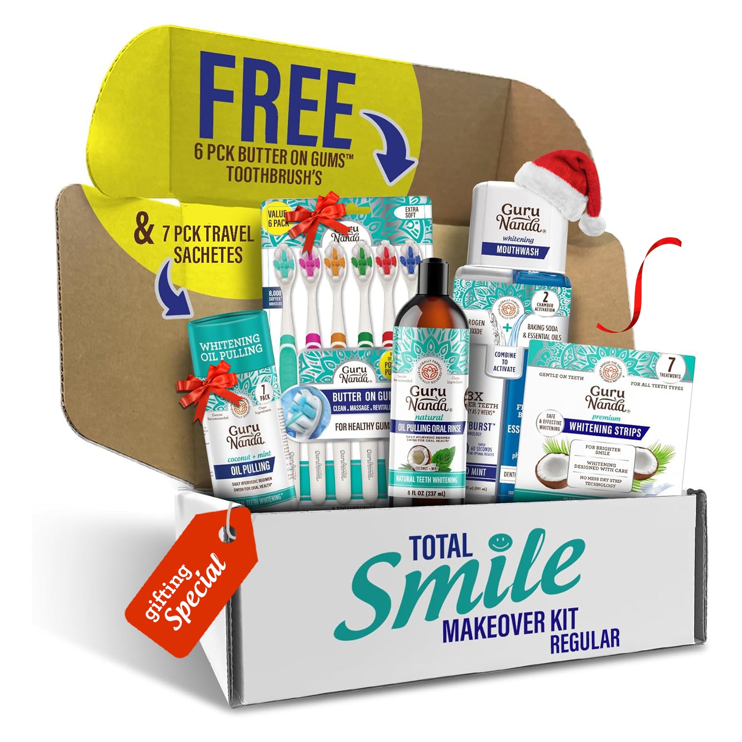 Total Smile Makeover Regular Kit - 8oz Cocomint Pulling Oil + Dual Barrel Mouthwash + Whitening Strips + 6 Pack Butter on Gums Toothbrush + 7 Oil Pulling Travel Sachets