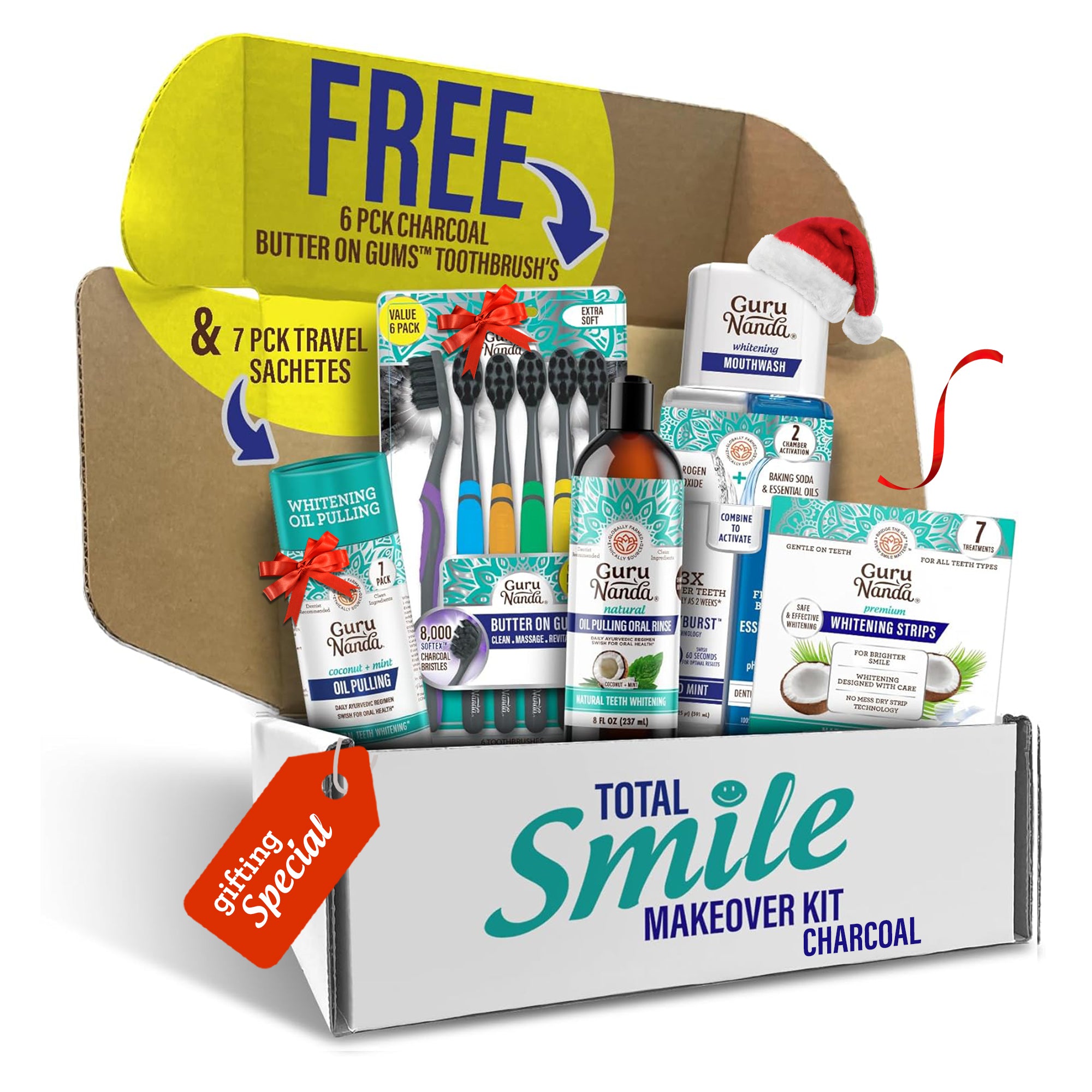 Total Smile Makeover Charcoal Kit - 8oz Cocomint Pulling Oil + Dual Barrel Mouthwash + Whitening Strips + 6 Pack Butter on Gums Toothbrush + 7 Oil Pulling Travel Sachets