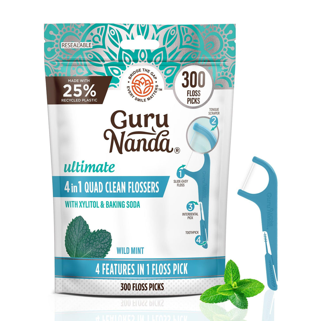 Palillos de hilo dental Quad Clean 4 en 1 - 300 unidades