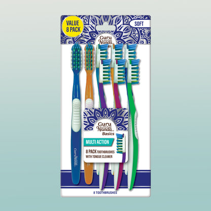 Multi-Action Toothbrush with Tongue Cleaner – 8 Pack