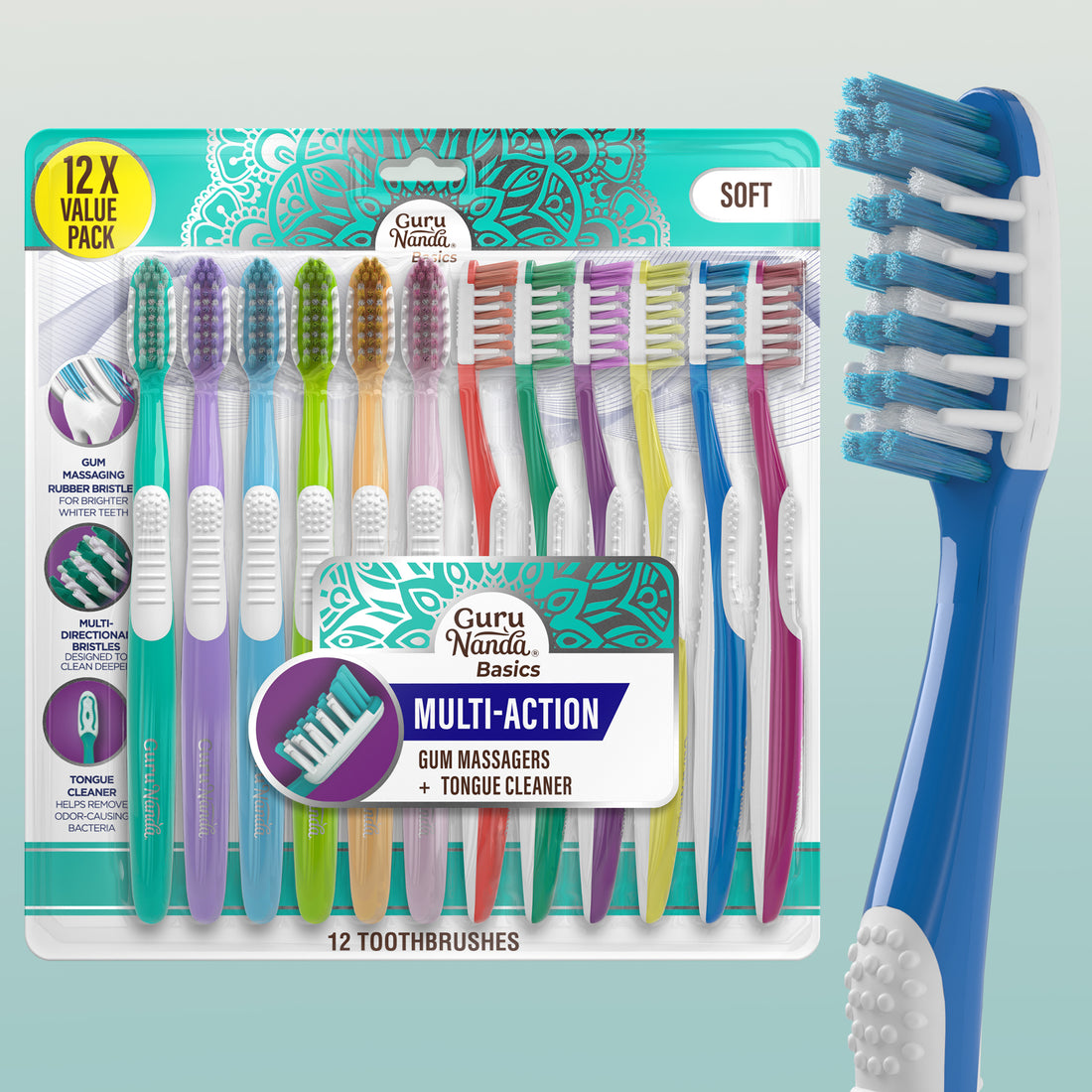 Multi-Action Toothbrush with Tongue Cleaner – 12 Pack