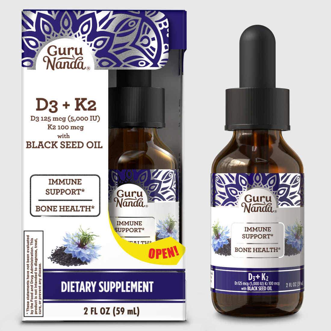 Natural Cold Pressed Black Seed Oil With Vitamin D3, K2 &amp; E