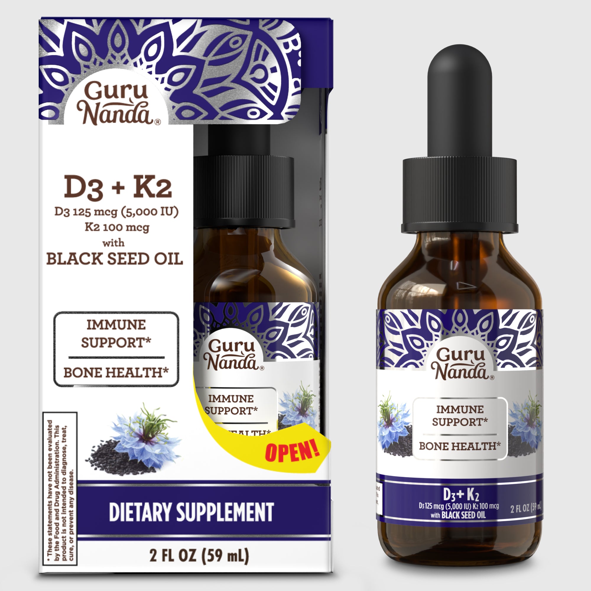 Huile de nigelle naturelle pressée à froid avec vitamines D3, K2 et E 