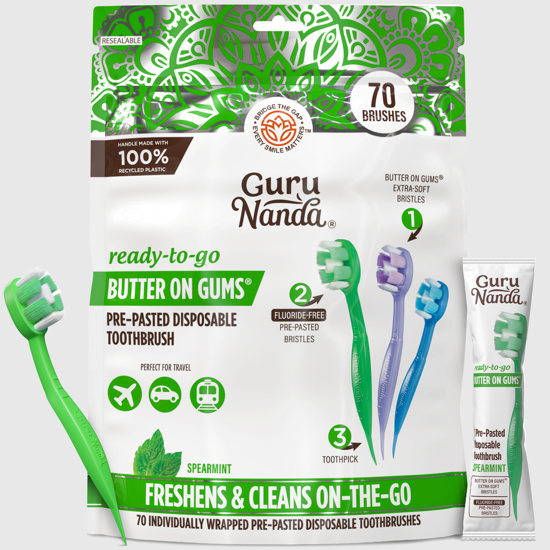 Ready-to-Go Butter on Gums Pre-Pasted Disposable Toothbrushes, Spearmint – 70 Count