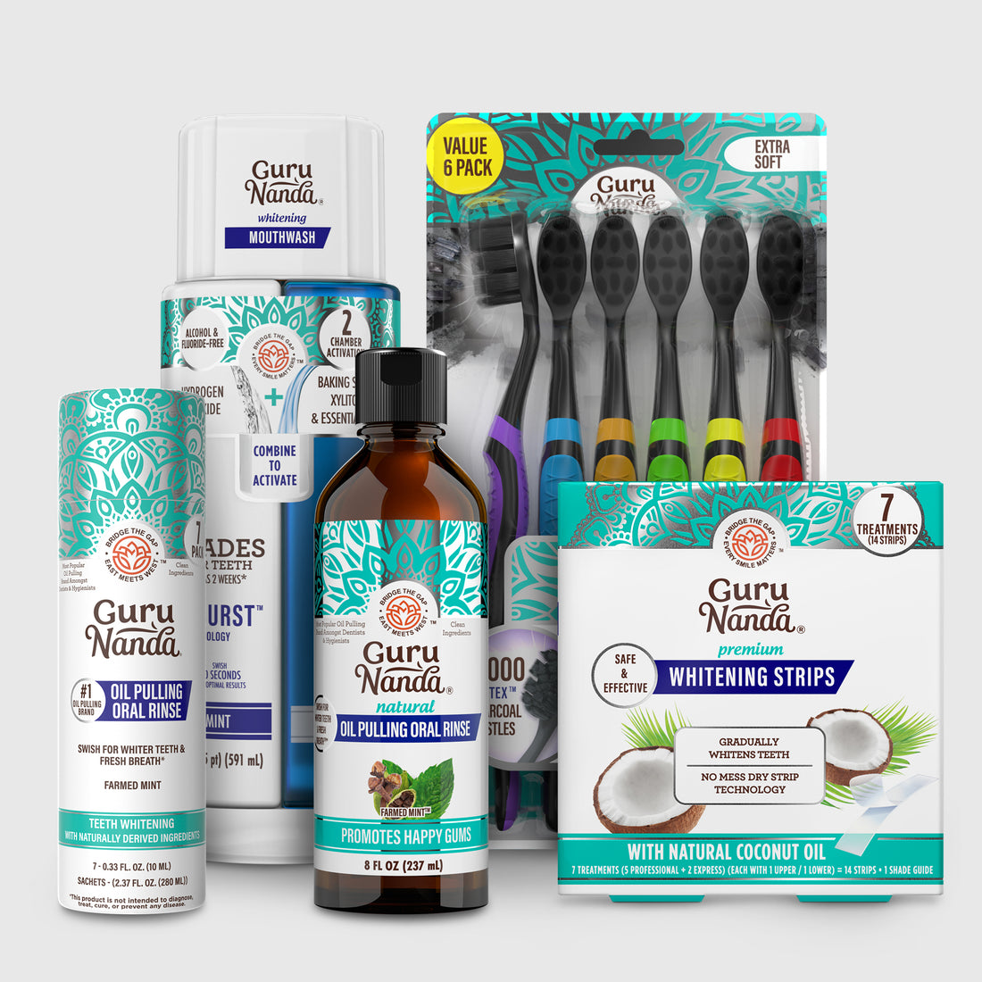 Kit de carbón para una sonrisa radiante: aceite de coco de 226 ml para enjuague bucal + enjuague bucal de doble acción + tiras blanqueadoras + paquete de 6 cepillos de dientes Butter on Gums + 7 sobres de viaje para enjuague bucal con aceite