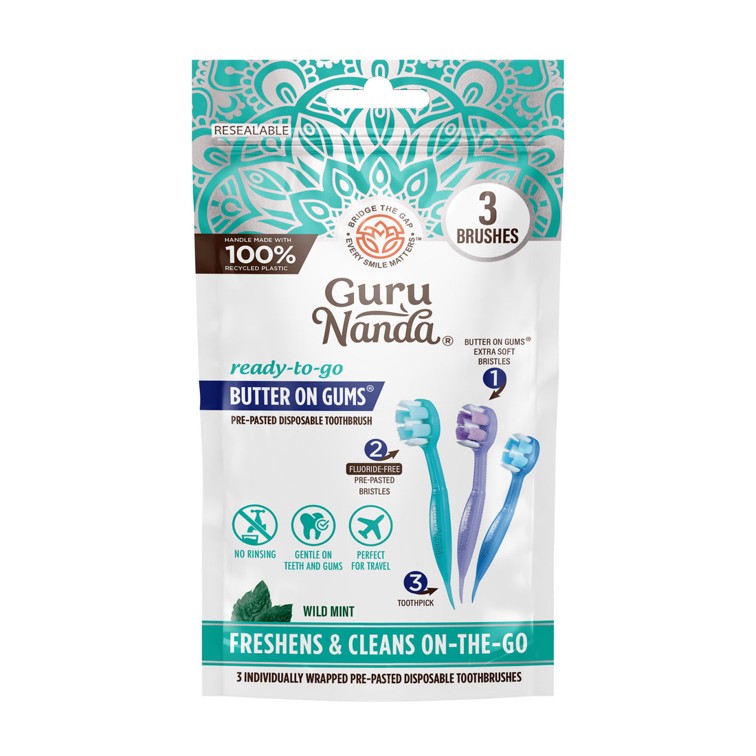 Cepillos de dientes preempastados con mantequilla para encías, listos para usar - 3 unidades