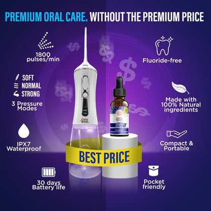 Irrigador bucal avanzado (con luz ultravioleta) + enjuague bucal concentrado